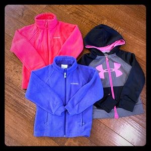 3 little girl jackets, ranging in sizes from 6-8